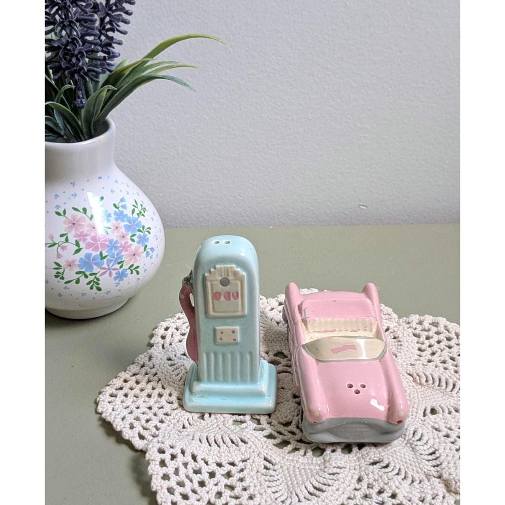 Vintage Pink Cadillac & Gas Pump Salt and Pepper Shakers Retro Diner Ceramic
